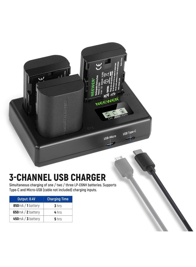 Neewer LP-E6NH Replacement Battery and USB Charger Set, Pack of 3, 2250 mAh Replacement for LP-E6NH Battery & Triple Slot USB Charger Compatible with Canon EOS R7 R5 R6 R6 II R, 5DIV, 6DII, 7DII, 80D, - Image 2