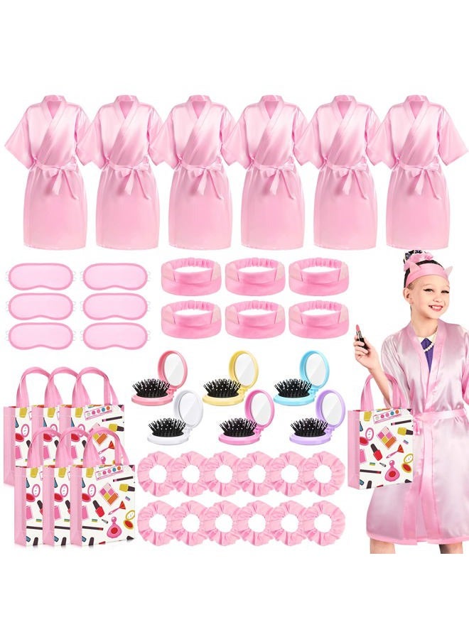 Bonuci 6 Set Spa Party Supplies for Girls, Include 6 Robes 6 Headbands 6 Masks 6 Folding Mini Hairbrush 6 Tote Bags and 12 Scrunchies for Pink Sleepover Party Wedding Birthday(Size 12) - Image 1