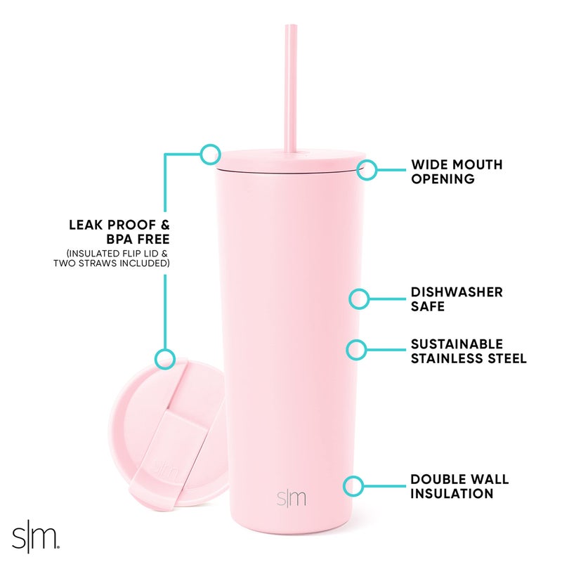 Simple Modern Insulated Tumbler with Lid and Straw | Iced Coffee Cup Reusable Stainless Steel Water Bottle Travel Mug | Gifts for Women Men Her Him | Classic Collection | 24oz | Blush - Image 3