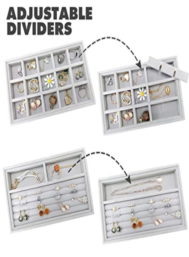 EXOFLY Premium 4 Pc Velvet Jewelry Organizer Tray, For Drawer, Jewelry Storage, Display Trays Showcase For Dresser Insert, Earring Bracelet Necklace Ring Holder (Grey, 4 Unit) - Image 3