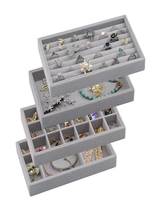 EXOFLY Premium 4 Pc Velvet Jewelry Organizer Tray, For Drawer, Jewelry Storage, Display Trays Showcase For Dresser Insert, Earring Bracelet Necklace Ring Holder (Grey, 4 Unit) - Image 1