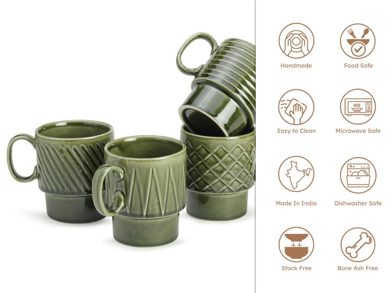 Bodhi House Stackable Ceramic Cups Set of 4 Pieces (250 ml), Small Coffee, Espresso Mugs with Glossy Finish, Microwave and Dishwasher Safe Chai Serving Cups, Ideal for Gifting, Moss Green - Image 4