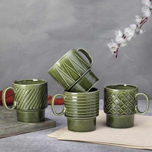Bodhi House Stackable Ceramic Cups Set of 4 Pieces (250 ml), Small Coffee, Espresso Mugs with Glossy Finish, Microwave and Dishwasher Safe Chai Serving Cups, Ideal for Gifting, Moss Green - Image 1