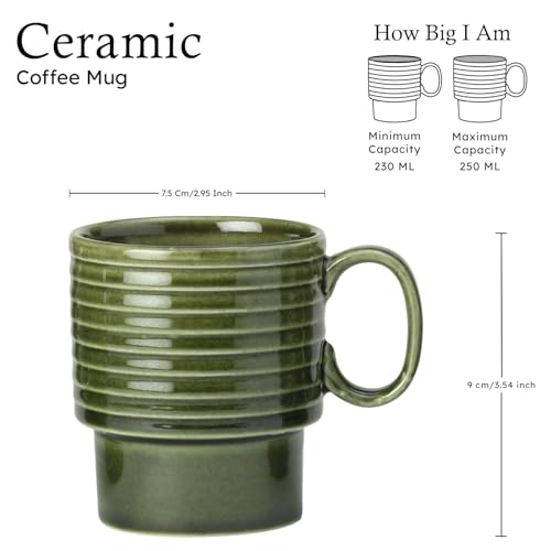 Bodhi House Stackable Ceramic Cups Set of 4 Pieces (250 ml), Small Coffee, Espresso Mugs with Glossy Finish, Microwave and Dishwasher Safe Chai Serving Cups, Ideal for Gifting, Moss Green - Image 3