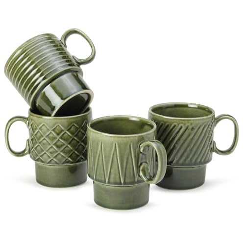 Bodhi House Stackable Ceramic Cups Set of 4 Pieces (250 ml), Small Coffee, Espresso Mugs with Glossy Finish, Microwave and Dishwasher Safe Chai Serving Cups, Ideal for Gifting, Moss Green - Image 2