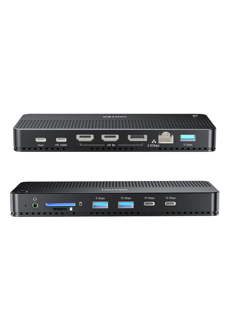 UNITEK - "UNITEK USB-C 8K Docking Station: Ultimate 11-in-1 Hub with 100W Power Delivery, Triple Display Support, 8K Ultra HD Output, USB 3.2, SD/TF Card Readers, Gigabit Ethernet, and Audio Connectivity" - Image 1