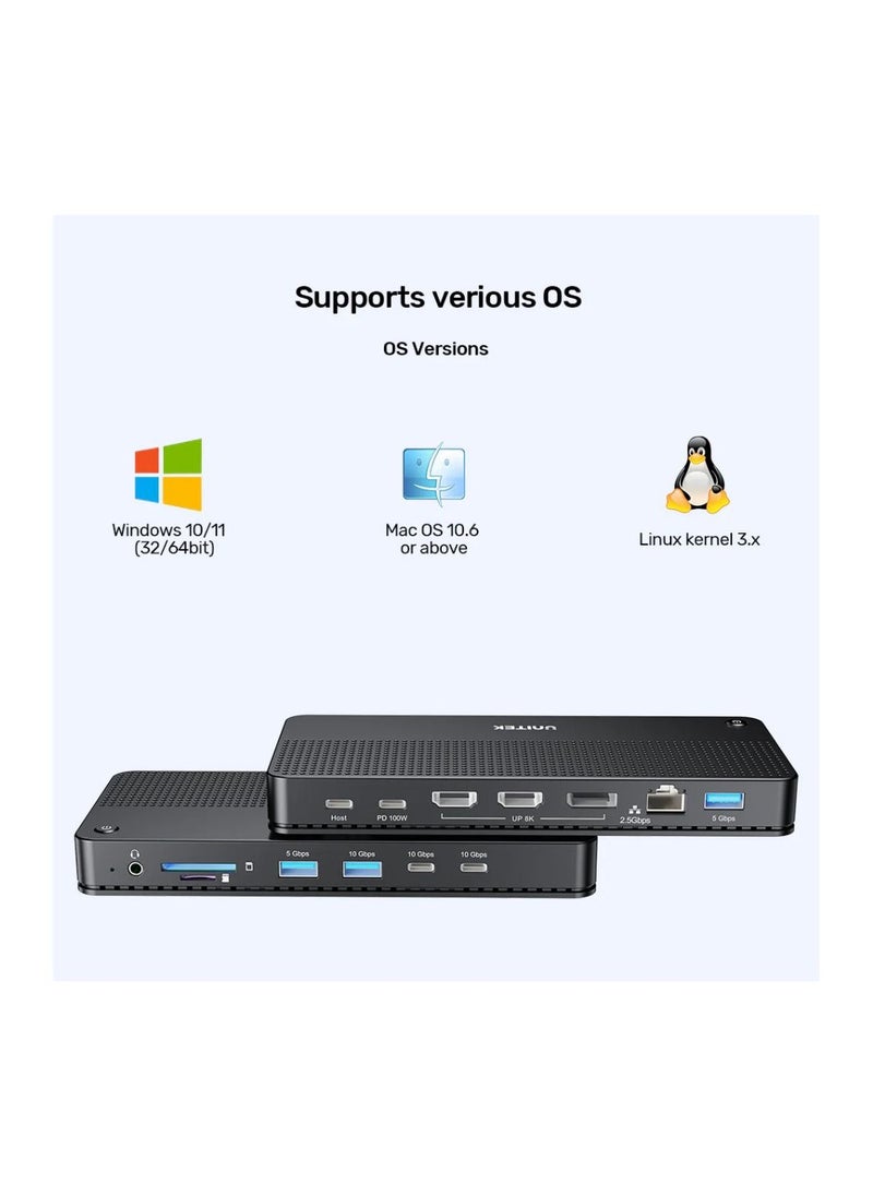 UNITEK - "UNITEK USB-C 8K Docking Station: Ultimate 11-in-1 Hub with 100W Power Delivery, Triple Display Support, 8K Ultra HD Output, USB 3.2, SD/TF Card Readers, Gigabit Ethernet, and Audio Connectivity" - Image 1