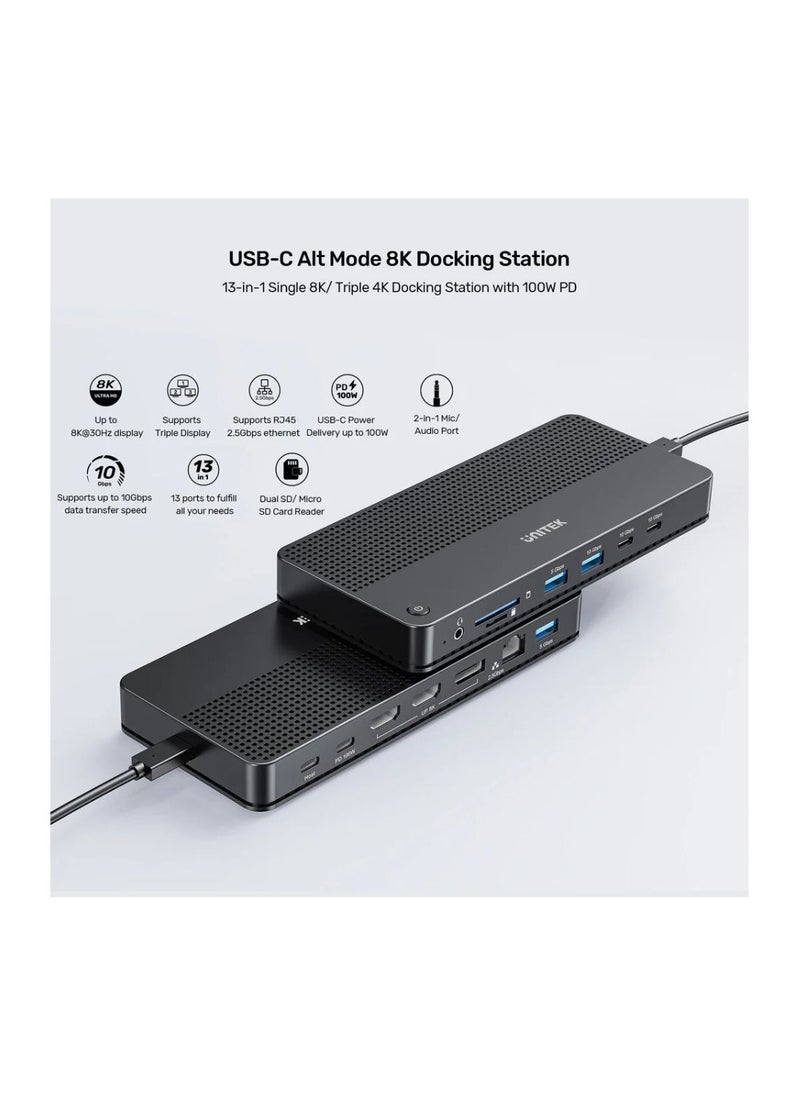 UNITEK - "UNITEK USB-C 8K Docking Station: Ultimate 11-in-1 Hub with 100W Power Delivery, Triple Display Support, 8K Ultra HD Output, USB 3.2, SD/TF Card Readers, Gigabit Ethernet, and Audio Connectivity" - Image 1