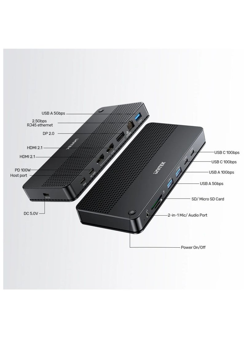 UNITEK - "UNITEK USB-C 8K Docking Station: Ultimate 11-in-1 Hub with 100W Power Delivery, Triple Display Support, 8K Ultra HD Output, USB 3.2, SD/TF Card Readers, Gigabit Ethernet, and Audio Connectivity" - Image 1