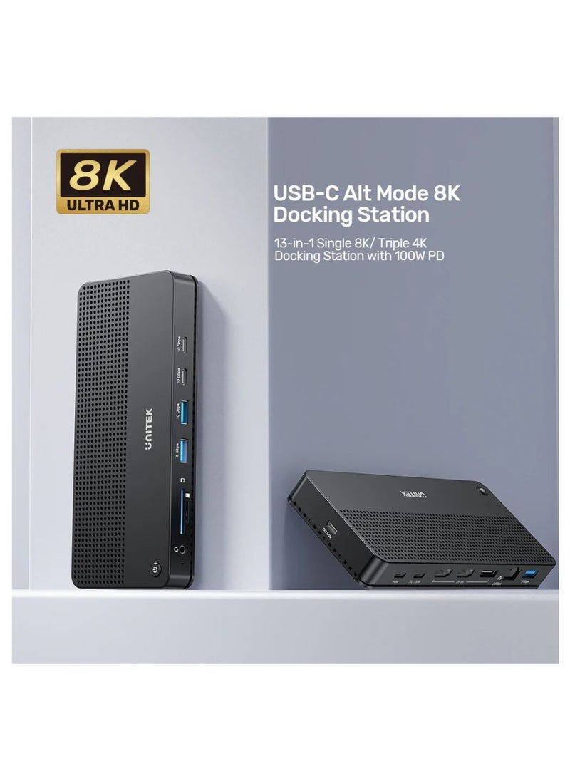 UNITEK - "UNITEK USB-C 8K Docking Station: Ultimate 11-in-1 Hub with 100W Power Delivery, Triple Display Support, 8K Ultra HD Output, USB 3.2, SD/TF Card Readers, Gigabit Ethernet, and Audio Connectivity" - Image 1