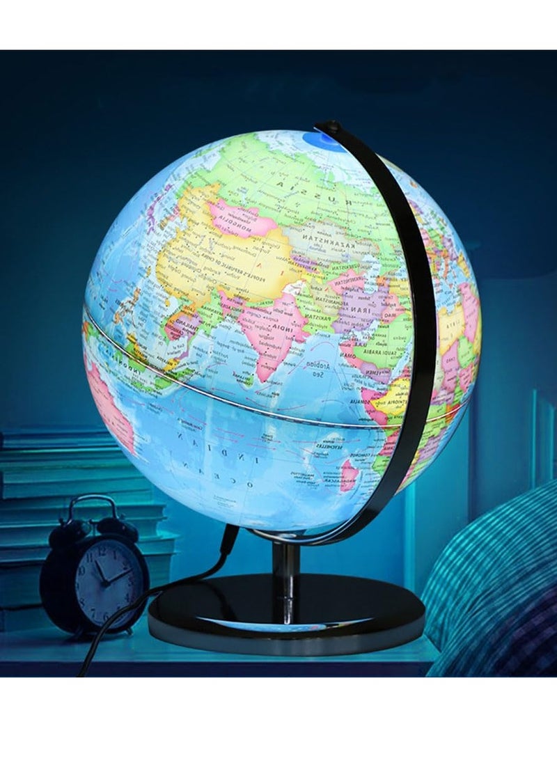 COOLBABY 32CM World Globe Political Map Educational Geographic Globe Globe with LED Light Wood Base Alloy Globe