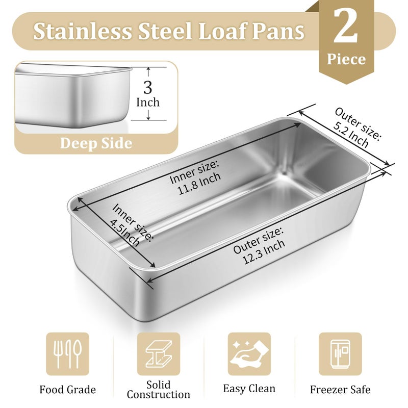 TeamFar Loaf Pan, 12 x 5 Inch Stainless Steel Loaf Pans for Baking Bread, 2 Pack Large Bread Loaf Baking Pan for Homemade Bread, Meatloaf, Cake, Brownies, Non-Toxic, Heavy-duty, Oven & Dishwasher Safe - Image 2