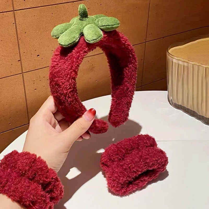 Ivyu Spa Skincare Headbands& Wristband Setï¼ŒCute Strawberry Makeup Headband For Women Girls,Non Slip Sponge Headbandï¼ŒSkincare-Padded Soft Thick Terry Cloth Hair Band Accessory. - Image 3
