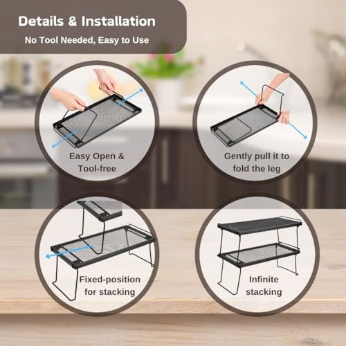 IBERG Stackable Cabinet Shelf Organizer, Set of 2 Metal Pantry Shelves for Kitchen Counter, Expand Cabinet Storage, Foldable Mesh Rack for Pantry, Bathroom & Closet (Black) - Image 3