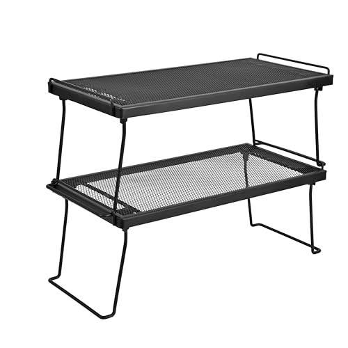 IBERG Stackable Cabinet Shelf Organizer, Set of 2 Metal Pantry Shelves for Kitchen Counter, Expand Cabinet Storage, Foldable Mesh Rack for Pantry, Bathroom & Closet (Black) - Image 1