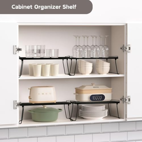 IBERG Stackable Cabinet Shelf Organizer, Set of 2 Metal Pantry Shelves for Kitchen Counter, Expand Cabinet Storage, Foldable Mesh Rack for Pantry, Bathroom & Closet (Black) - Image 5