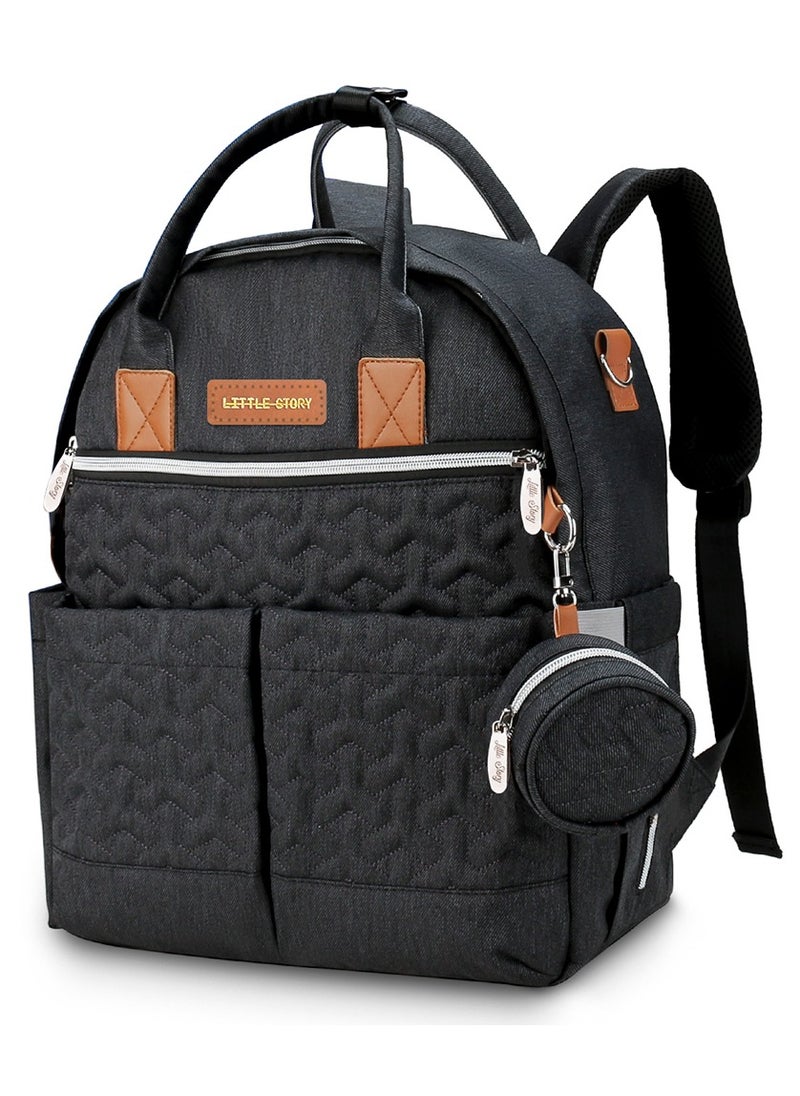 Little Story - Quilted Diaper Backpack With Pacifier Bag And Stroller Hooks - Black - Image 1