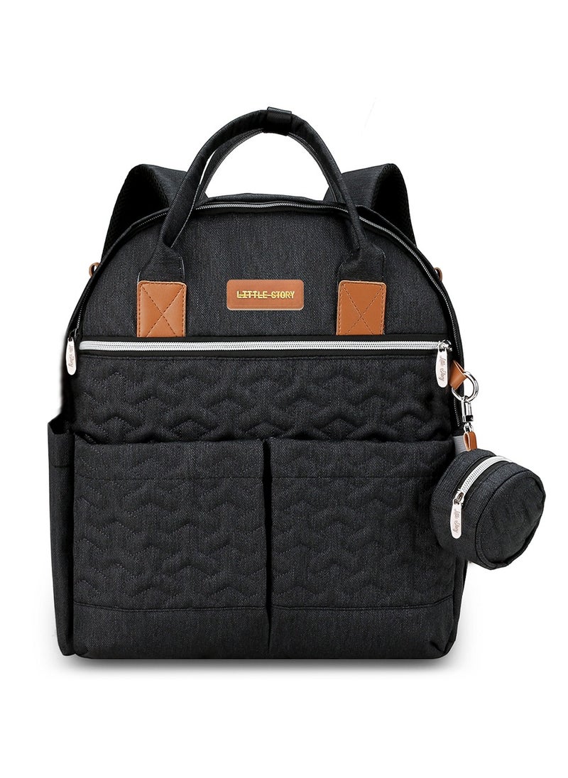Little Story - Quilted Diaper Backpack With Pacifier Bag And Stroller Hooks - Black - Image 1