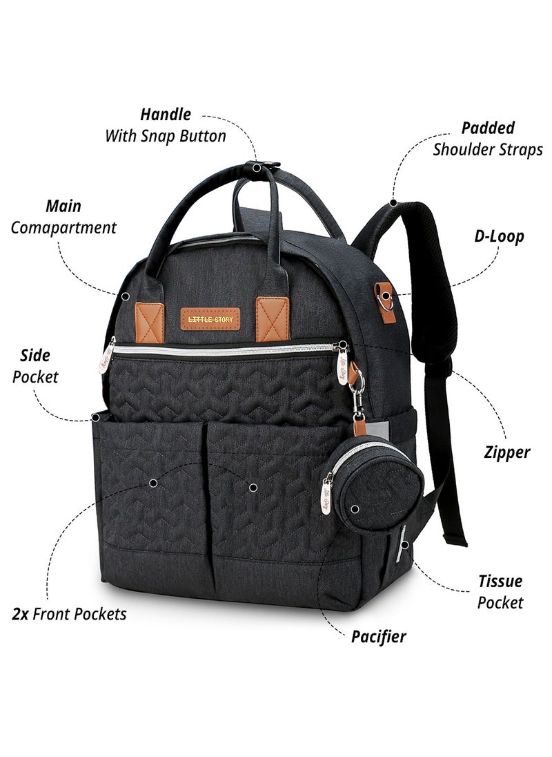 Little Story - Quilted Diaper Backpack With Pacifier Bag And Stroller Hooks - Black - Image 1