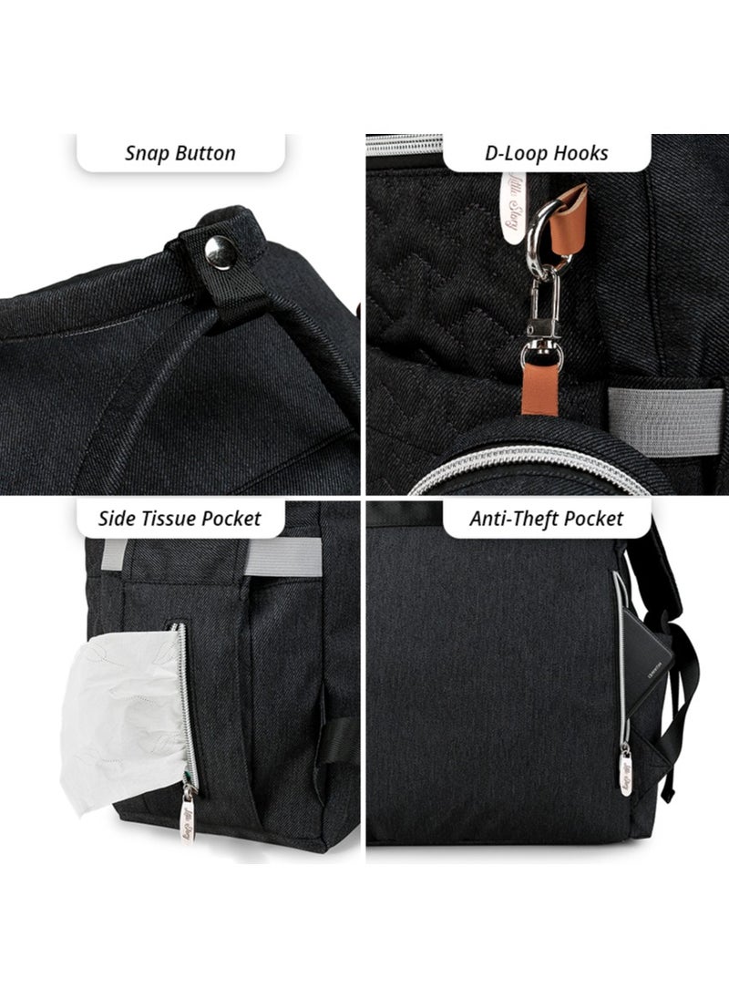Little Story - Quilted Diaper Backpack With Pacifier Bag And Stroller Hooks - Black - Image 1