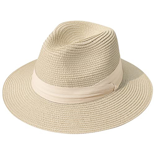 Lanzom Women Wide Brim Straw Panama Roll up Hat Fedora Beach Sun Hat UPF50+ (Z-Beige Ribbon Khaki) - Image 1
