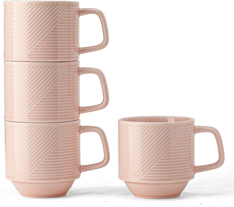 Adewnest Stackable Coffee Mugs Set 13 oz Ceramic Stacking Cups for Cappuccino Latte Tea  Microwave Safe Mug for Home  Office  4 PCS Pink - Image 1