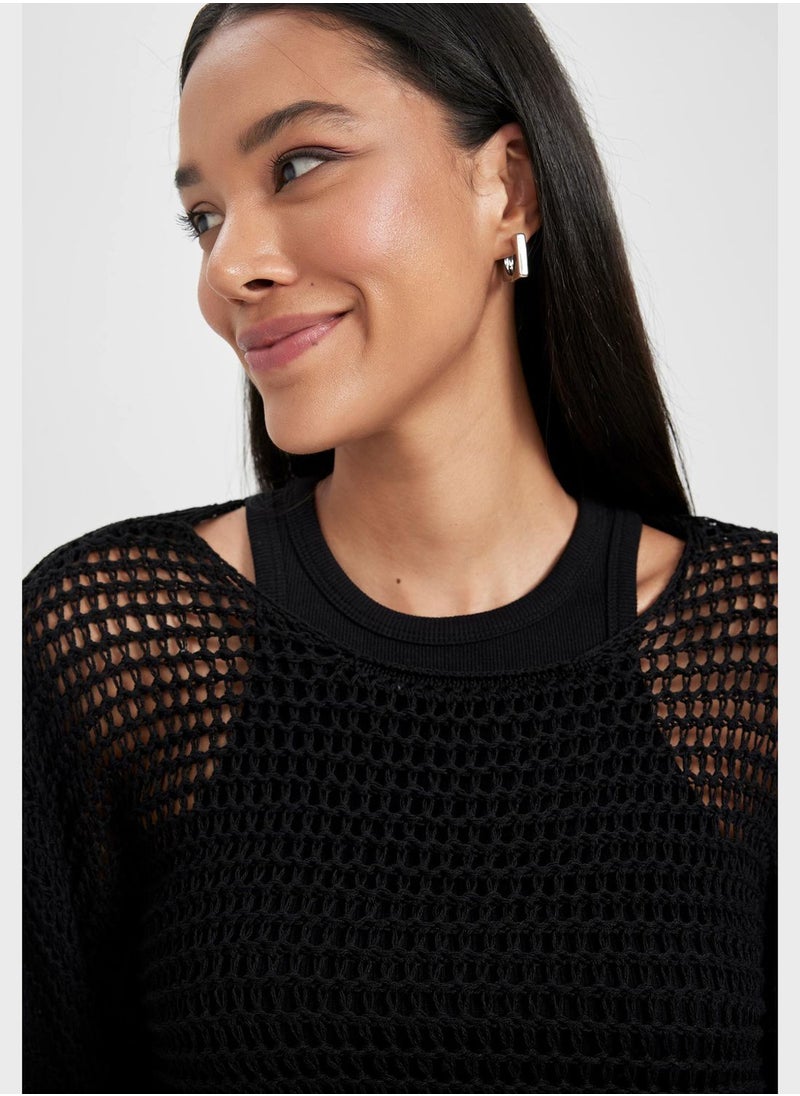 DeFacto Relax Fit Crew Neck Lace Detail Sweater  - Image 3