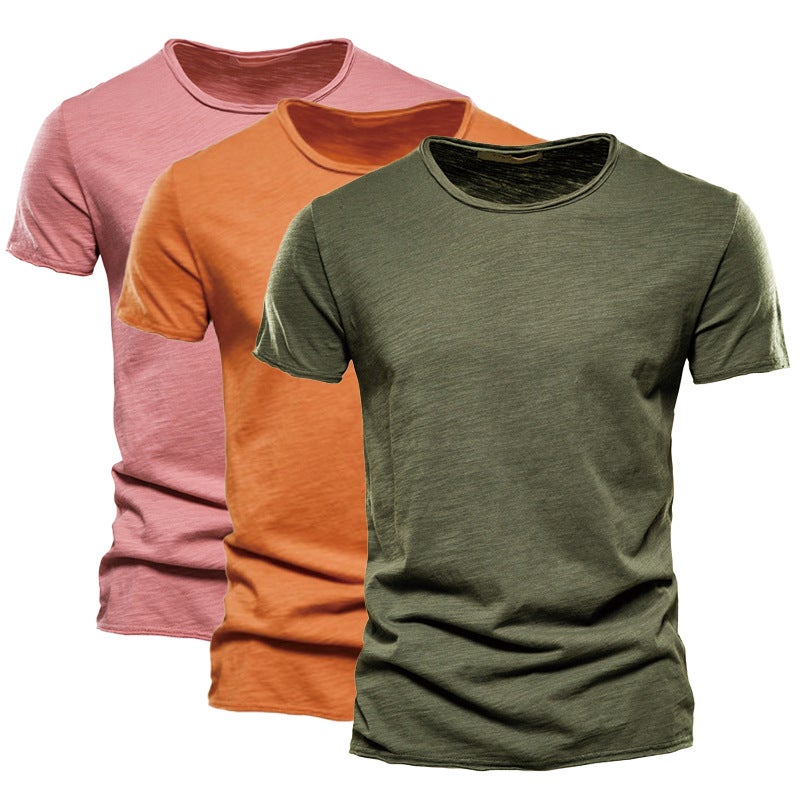 2 Pack Summer Round Neck Short Sleeve Foreign Trade Explosions Men''s New Solid Color Slub Cotton T-shirt Pure Cotton and Men''s Wear - Image 1
