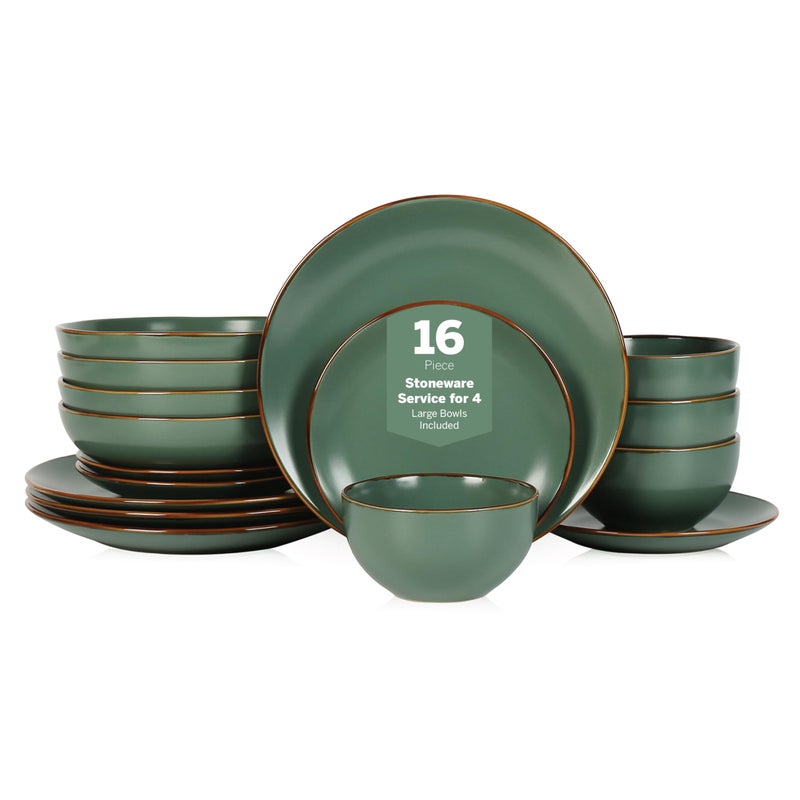 Stone Lain Brasa Modern Stoneware 16 Piece Dinnerware Sets Plates and Bowls Sets Dish Set for 4 Green