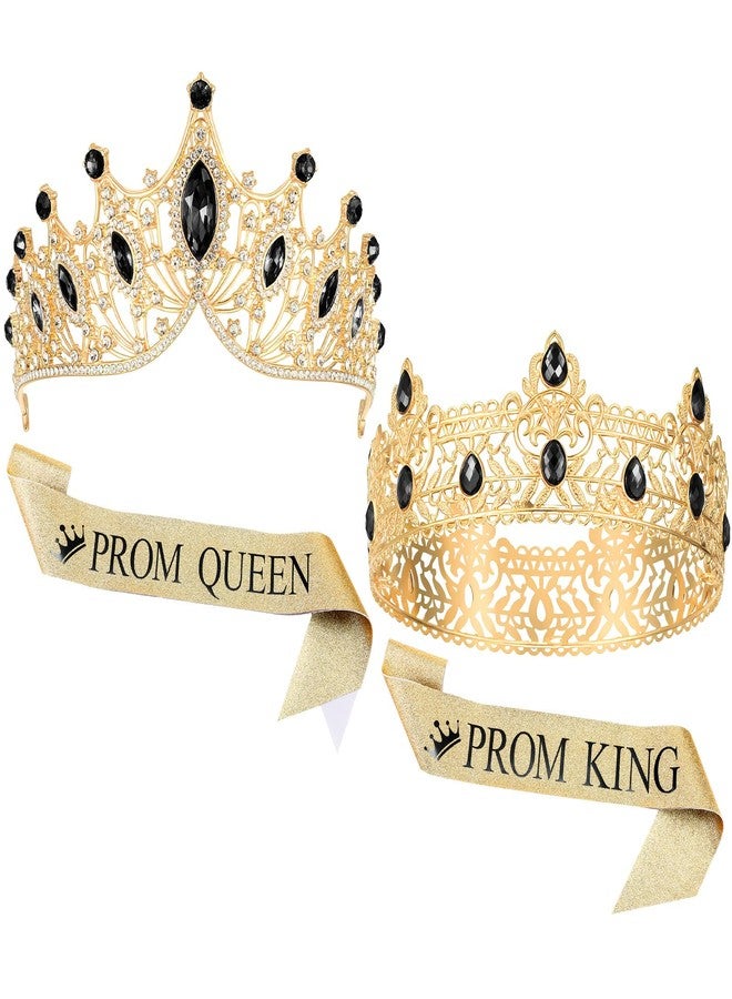 Ferreve 4 Pcs Prom King and Queen Crowns and Sashes Set Graduation Prom King and Queen Tiara Sash for 80's Prom Party Favors(Black) - Image 1