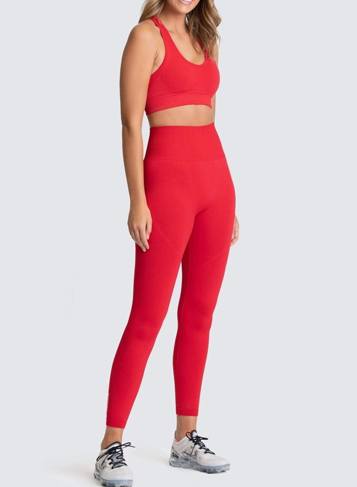 Loquat Fitness Back Bra Solid Color Sports Set Red  - Image 1