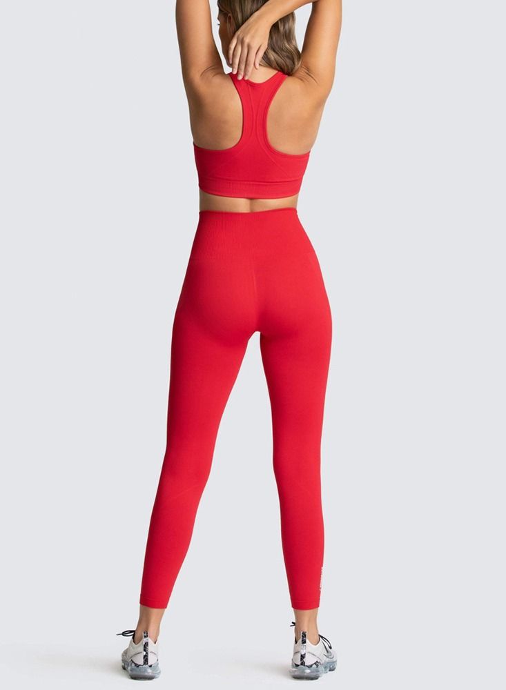 Loquat Fitness Back Bra Solid Color Sports Set Red  - Image 3