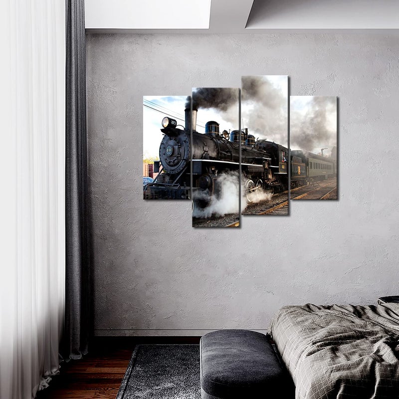Home Trove A Car And Train With Gray Smoke Steam Trains In Progress Wall Art Painting The Picture Print On Canvas Car Pictures For Home Decor Decoration Gift - Image 2