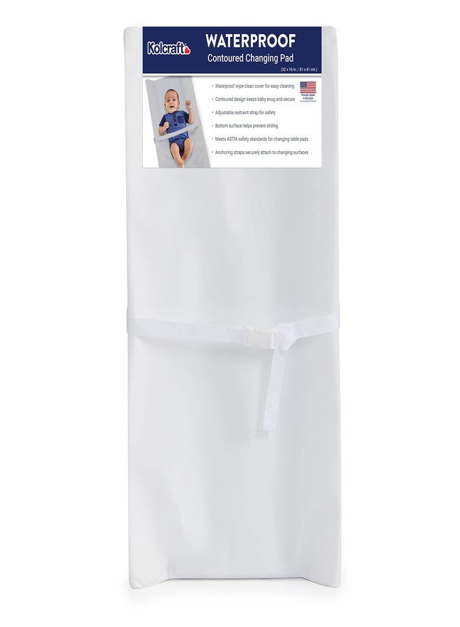 Kolcraft Waterproof Contoured Wipeable Baby Diaper Changing Pad for Dresser or Table, Durable Easy Clean Surface, Soybean Enhanced Foam, Safety Restraint Belt & Straps, Made in USA, White, 16' x 32' - Image 1