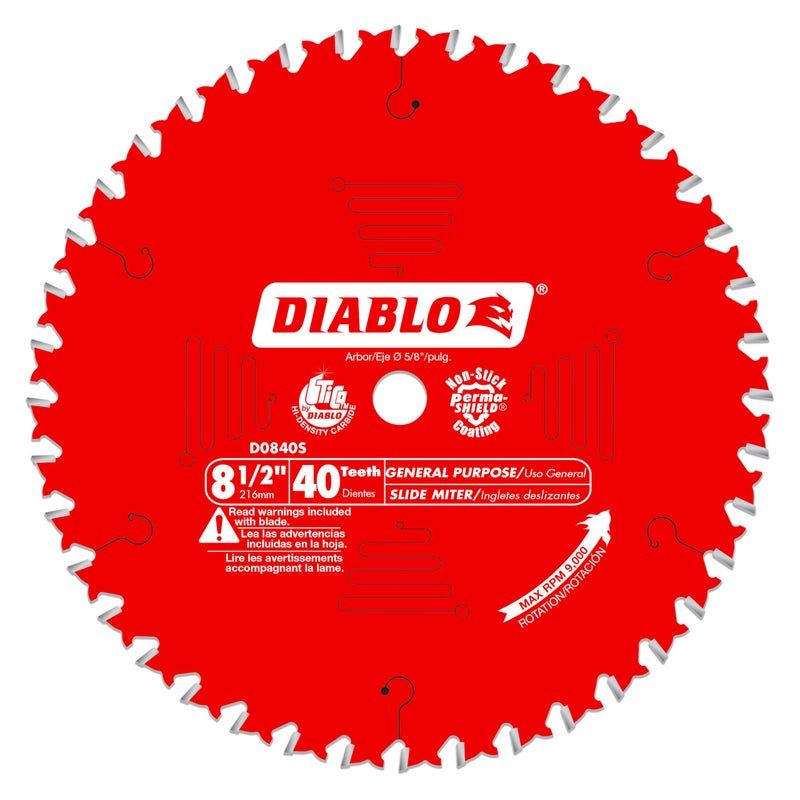 Diablo شفرة منشار ديابلو العامة للخشب - 8-1/2" قطر، 40 سنًا ATB، 5/8" محور، .094" عرض الشفرة، 15° زاوية هوك، .063" صفيحة، 9000 دورة في الدقيقة كحد أقصى - D0840S - Image 5