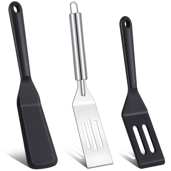 3 PCS SMALL SPATULA THIN NARROW SILICONE SERVING SPATULA KITCHEN COOKING NONSTICK STAINLESS STEEL SLOTTED TURNER PAN FLIPPER FOR EGG CREPE CAKE FISH PANCAKE COOKIE