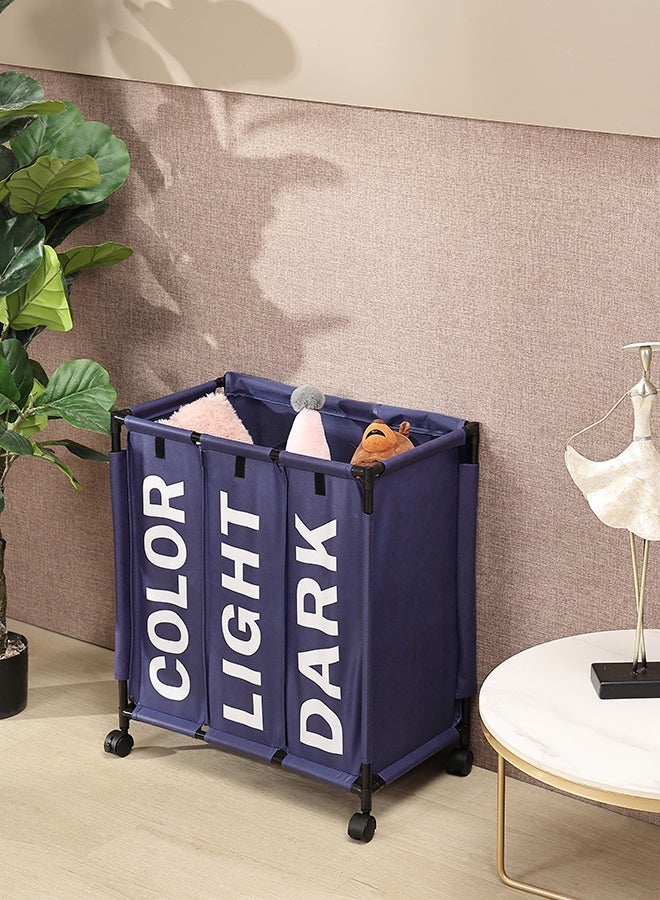 LAWAZIM 123L Laundry Basket - 60x33x62cm Blue - 3 Section Large Laundry Sorter Cart with Lockable Wheels and Fold-Over Cover - Ideal for Sorting Clothes in Bathrooms, Bedrooms, and Laundry Rooms - Image 2