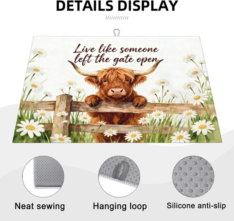 Vodbne Highland Cow Dish Drying Mat, for Farmhouse Kitchen Counter Microfiber Absorbent, Funny Dish Draining Mat Extra Large 18"x24" - Image 3