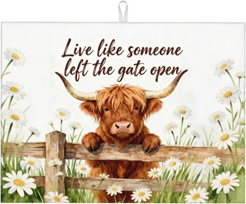 Vodbne Highland Cow Dish Drying Mat, for Farmhouse Kitchen Counter Microfiber Absorbent, Funny Dish Draining Mat Extra Large 18"x24" - Image 1