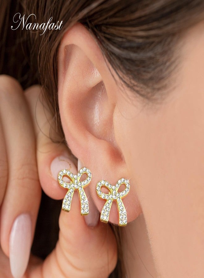 Nanafast Mini Bow Rhinestone Stud Earrings Small Bow Earrings for Women Wedding Bridal Earrings Party Prom Earrings Gifts-Gold 0.59" - Image 5