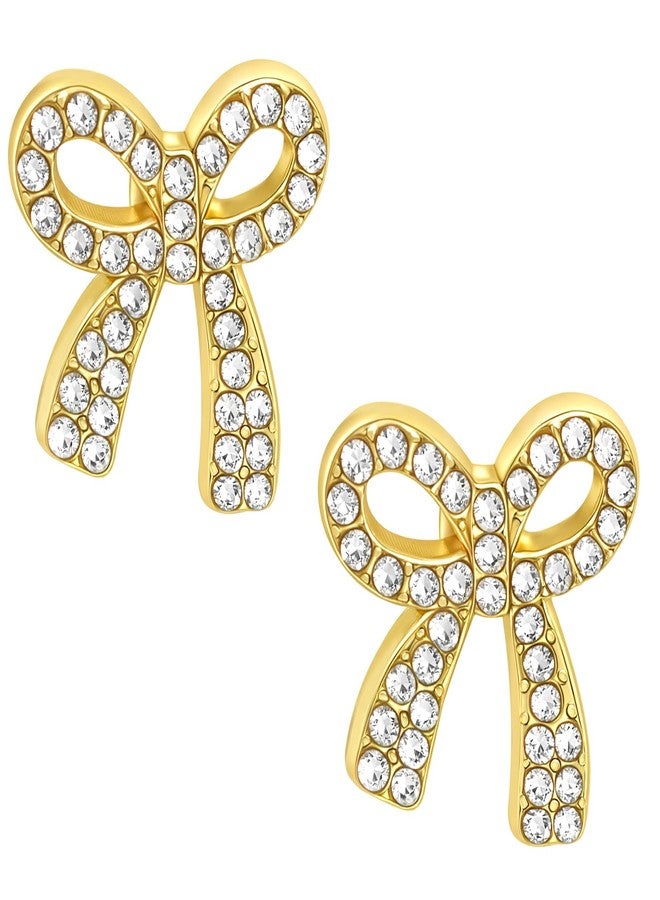 Nanafast Mini Bow Rhinestone Stud Earrings Small Bow Earrings for Women Wedding Bridal Earrings Party Prom Earrings Gifts-Gold 0.59" - Image 1