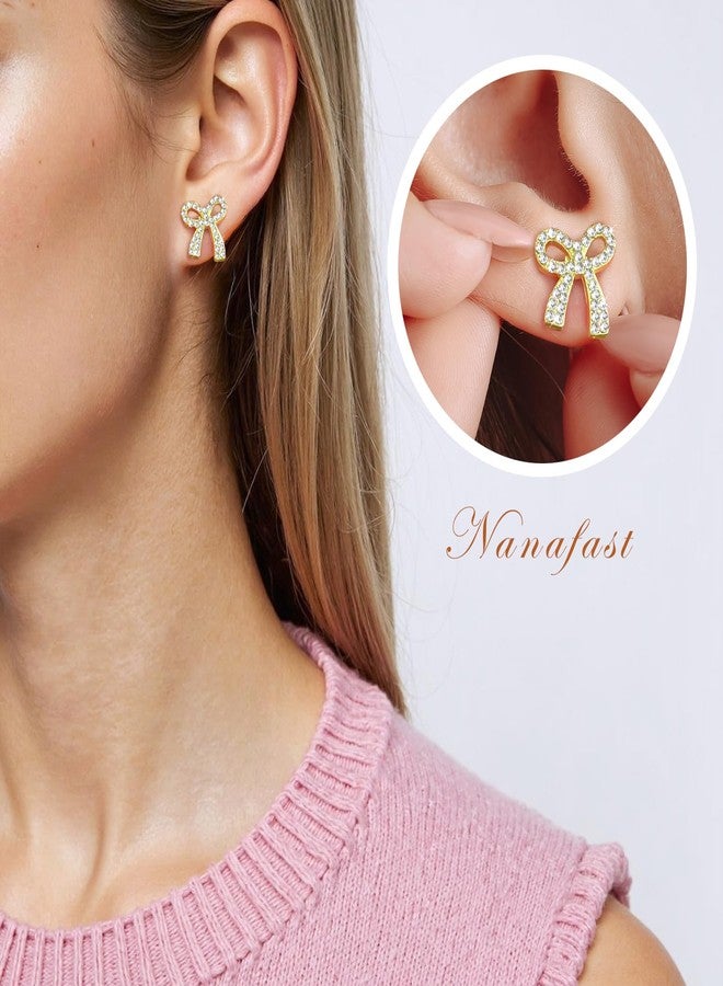Nanafast Mini Bow Rhinestone Stud Earrings Small Bow Earrings for Women Wedding Bridal Earrings Party Prom Earrings Gifts-Gold 0.59" - Image 2