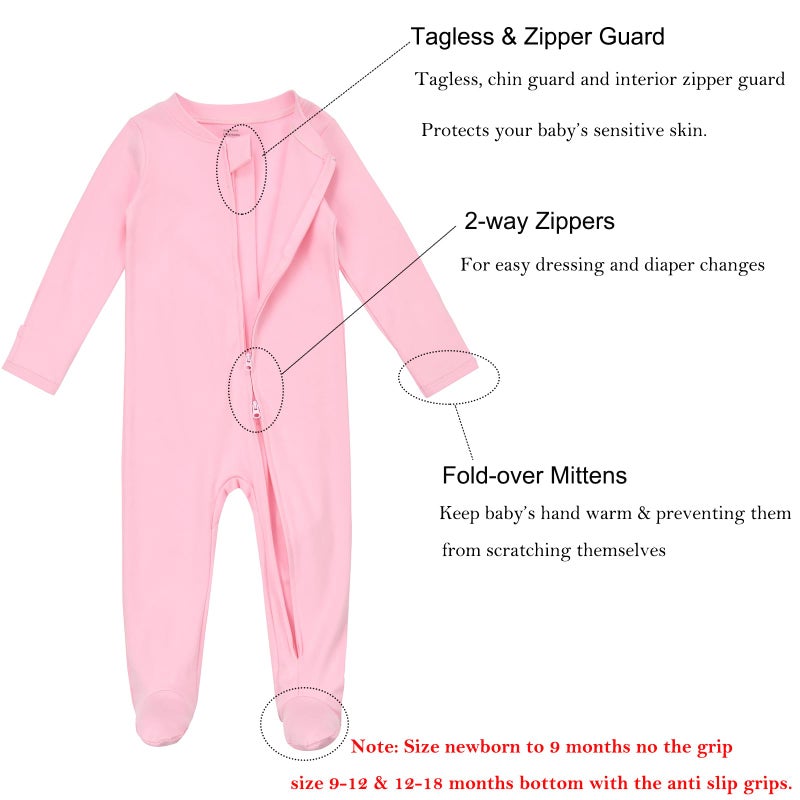 Aablexema Baby Footie Pajamas with Mittens - 3Pcs Infant Cotton Footed One Piece Sleepwear Outfits(Pink/Grey/Stripe,Newborn) - Image 4