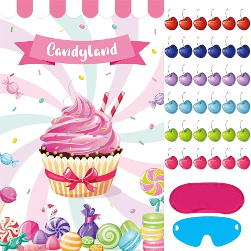 Hxezoc Pin the Cherry on the Cupcake Game With 36 Pcs Cherries Large Cupcake Party Games Poster for Kids Girls Candy Birthday Party Carnival Party Supplies - Image 1