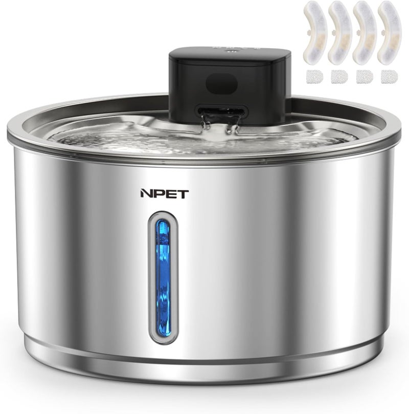 NPET Stainless Steel Wireless Cat Fountain, 1Gallon/135oz Battery Operated Automatic Pet Drinking Fountain - Cordless Dog Water Dispenser with 4 Replacement Filters for Cats Indoor - Image 1