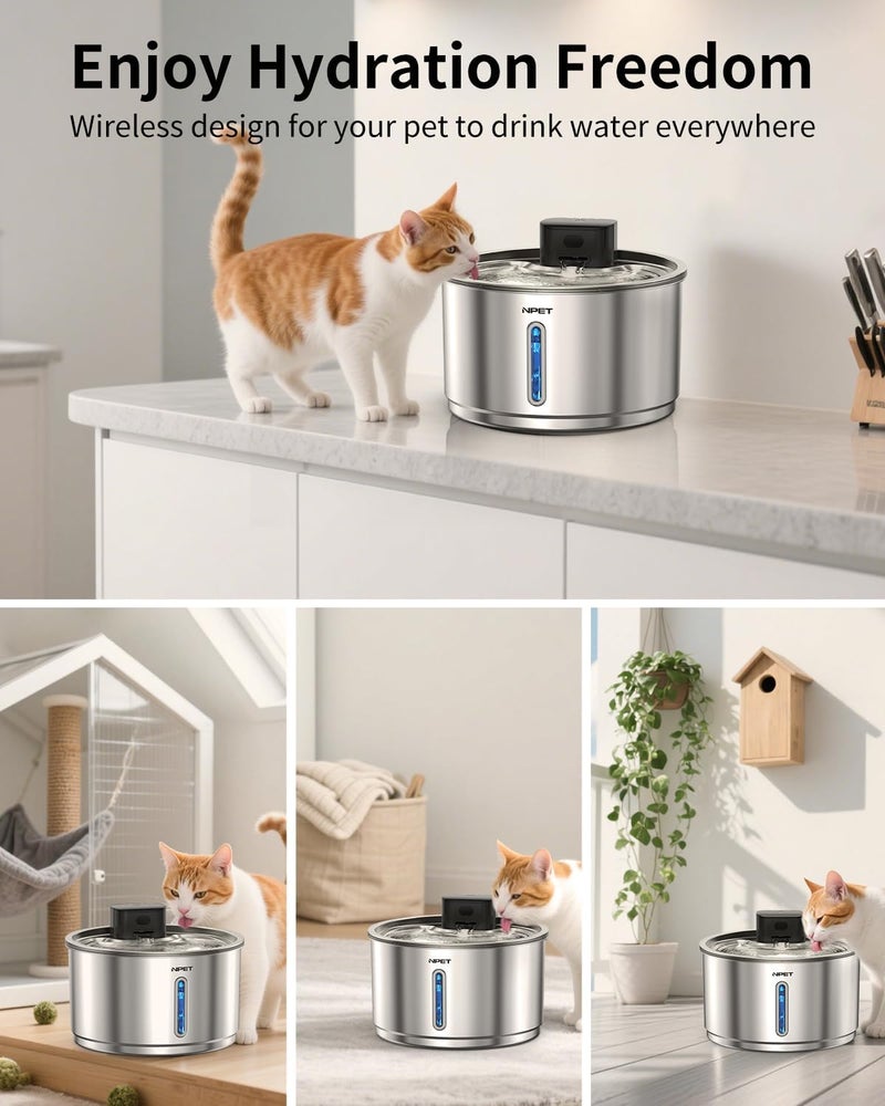 NPET Stainless Steel Wireless Cat Fountain, 1Gallon/135oz Battery Operated Automatic Pet Drinking Fountain - Cordless Dog Water Dispenser with 4 Replacement Filters for Cats Indoor - Image 2