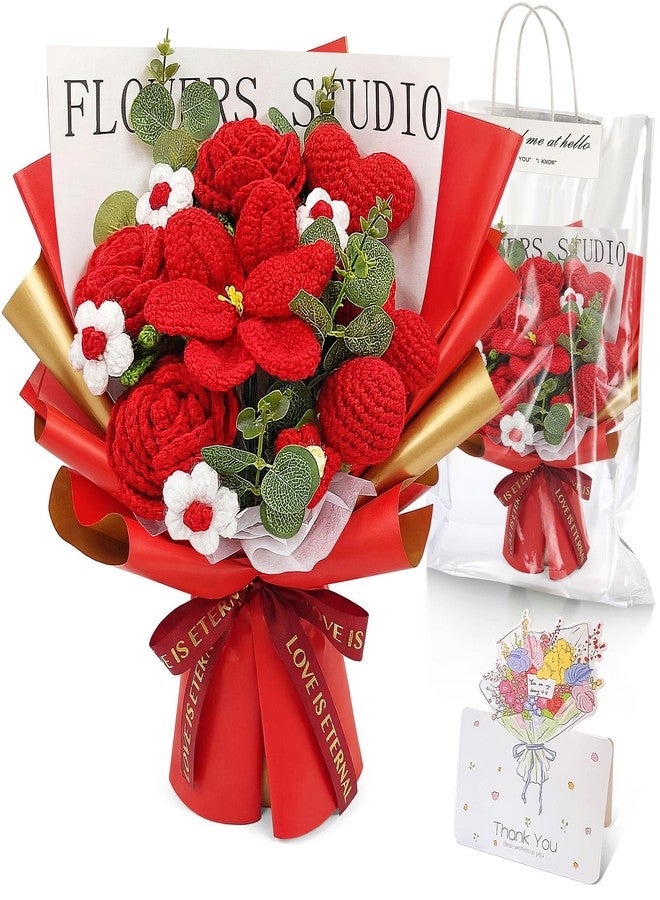 Giegxin 2026 Graduation Red Flower Bouquet Set Includes Knitted Rose Bouquet with Thank You Card Clear Gift Bag Artificial Appreciation Flower Congrats Grad Gift for 2026 Graduation Party Supplies - Image 1