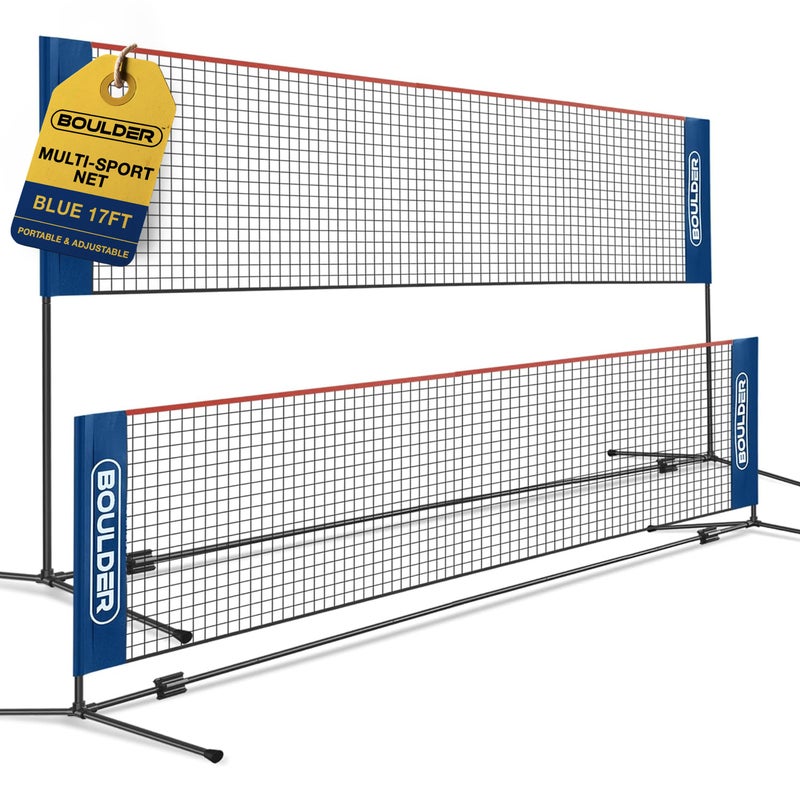 BOULDER Portable Badminton Pickleball Net Foldable Extendable Poles for Multiple Sports Heights UP to 5 ft Ideal for Tennis Pickleball Soccer Tennis Easy Setup Blue 17 FT