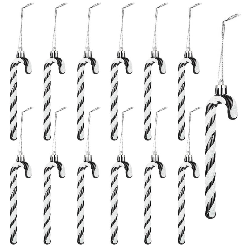 HERZWILD 12Pcs Glitter Candy Cane Christmas Tree Decorations Christmas Plastic Candy Cane Christmas Tree Hanging Ornament for Holiday Party Decoration Favor (Black and White) - Image 3