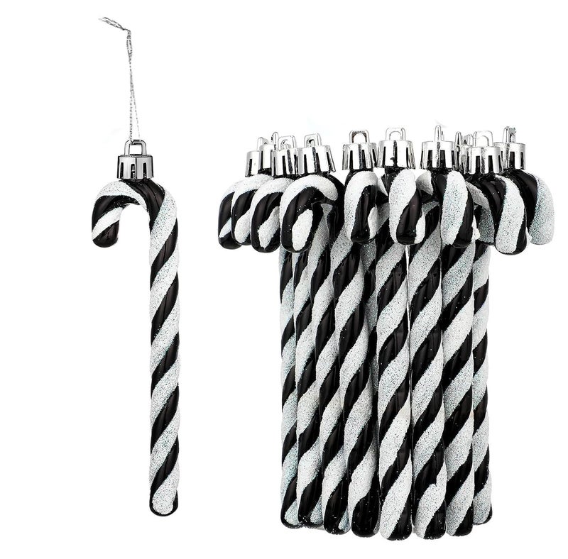 HERZWILD 12Pcs Glitter Candy Cane Christmas Tree Decorations Christmas Plastic Candy Cane Christmas Tree Hanging Ornament for Holiday Party Decoration Favor (Black and White) - Image 1